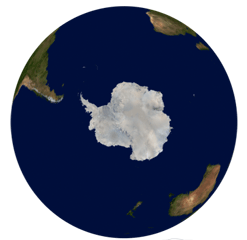 Le continent Antarctique. Vue de l'hémisphère sud centré sur l'axe de rotation de la Terre.