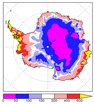 La moyenne annuelle des précipitations en Antarctique, en mm